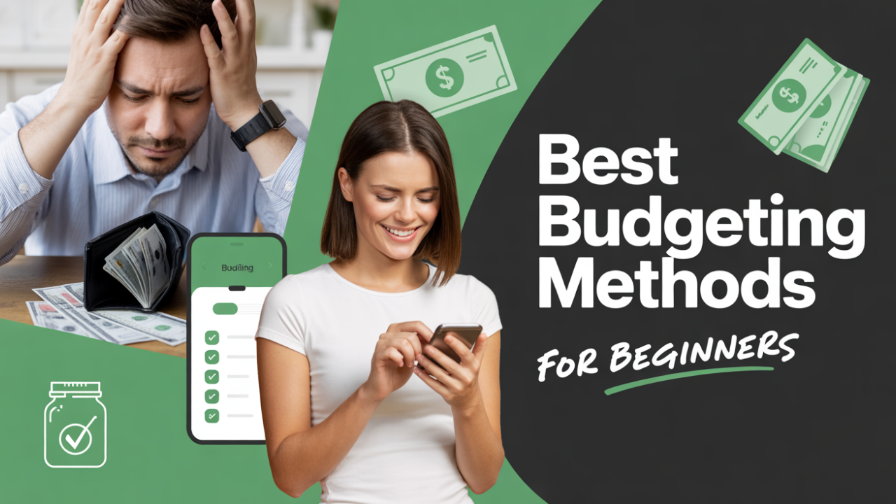 Visual guide showing five budgeting methods for beginners including 50/30/20 rule and zero-based budgeting