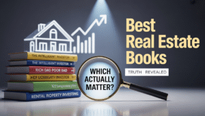 best real estate investing books stack including rental property investing Rich Dad Poor Dad and Intelligent Investor