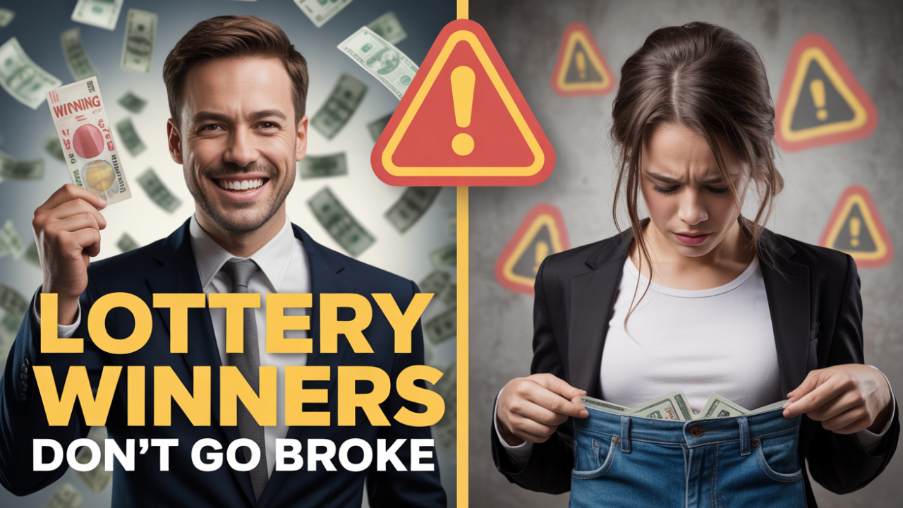 Split image showing a happy lottery winner holding cash and a warning sign with a broke person, highlighting lottery risks